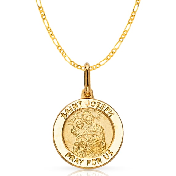 14K Yellow Gold St. Joseph Pray For Us Charm Pendant with 1.9mm Figaro 3+1 Chain Necklace - 18"