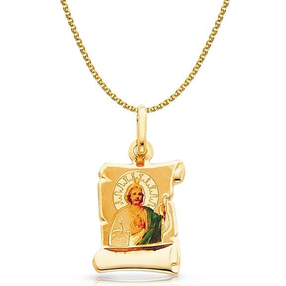 14K Yellow Gold St. Jude Enamel Picture Charm Pendant with 1.2mm Flat Open Wheat Chain Necklace - 20"