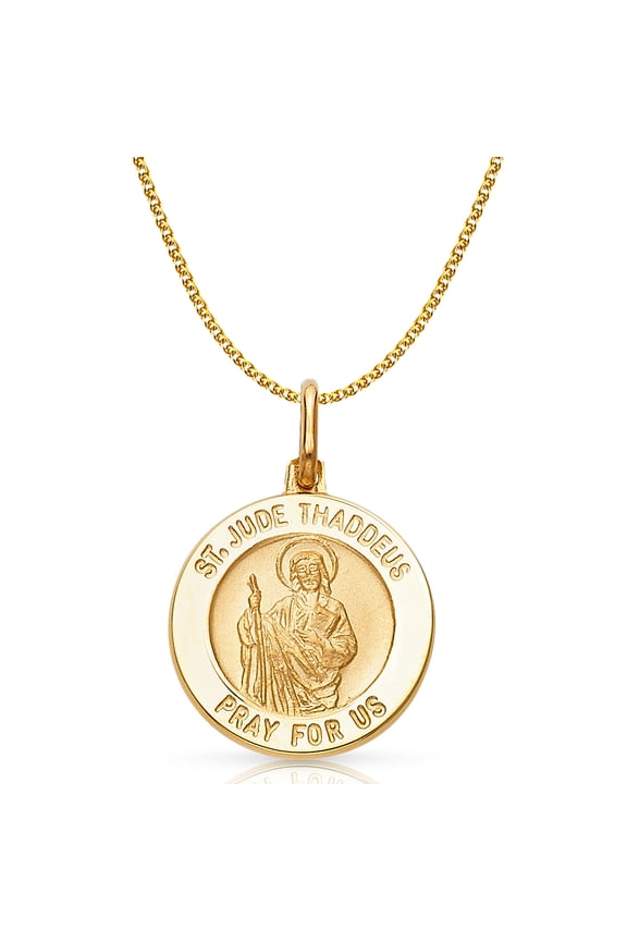 14K Yellow Gold St. Jude Thaddeus Pray For Us Charm Pendant with 1.4mm Flat Open Wheat Chain Necklace - 16"