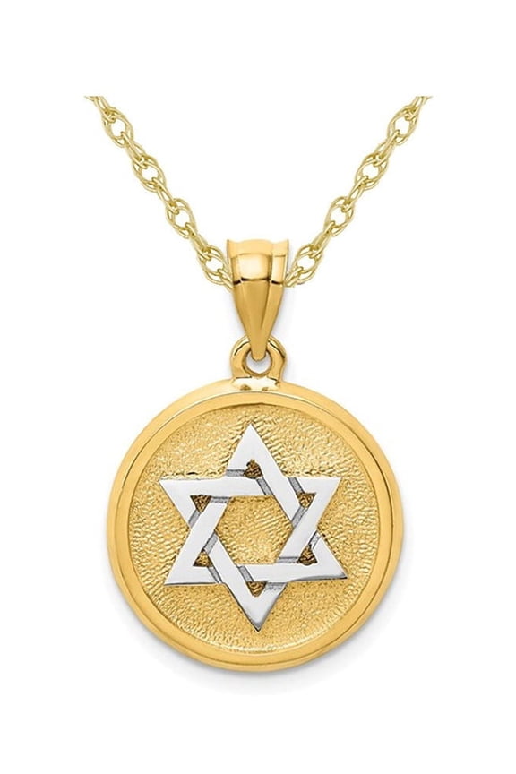 14K Yellow Gold Star of David Disc Charm Pendant Necklace with Chain for Women