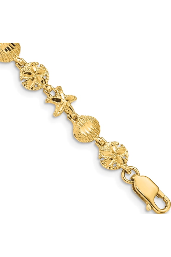 14K Yellow Gold Starfish, Sand Dollar And Shell Bracelet (7 X 7) Made In United States fb1269-7