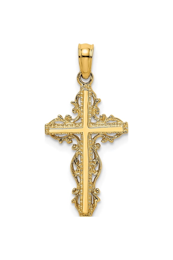 14K Yellow Gold Stick Cross With Lace Trim Charm (18.9 X 13) Made In United States k8458