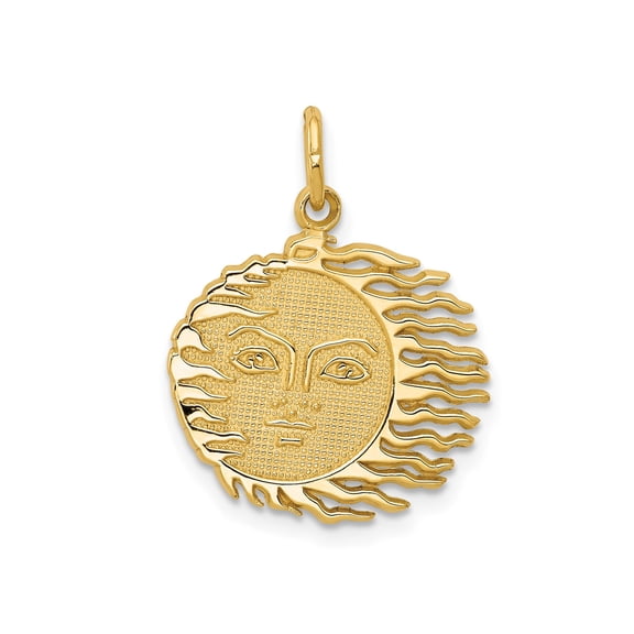 14k Yellow Gold Sun Face Pendant Charm with Flowing Rays, Celestial Medallion