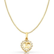 14K Yellow Gold Sweet 15 Years Quinceanera Heart Cubic Zirconia CZ Charm Pendant with 0.8mm Box Chain Necklace - 16"
