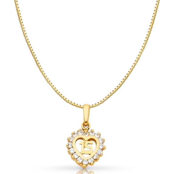 14K Yellow Gold Sweet 15 Years Quinceanera Heart Cubic Zirconia CZ Charm Pendant with 0.8mm Box Chain Necklace - 16"