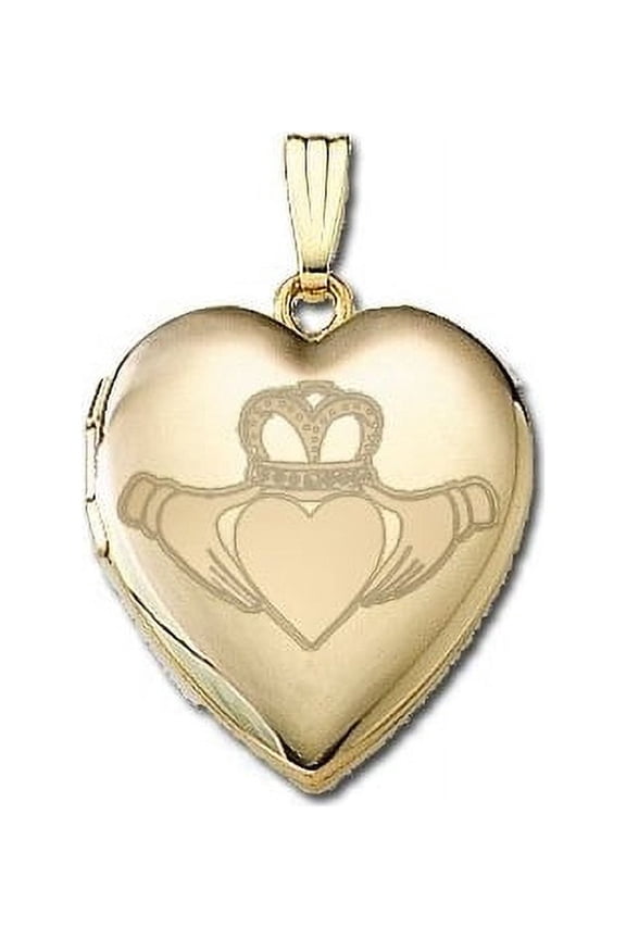 14K Yellow Gold "Sweetheart" Celtic Claddagh Locket - 3/4 Inch X 3/4 Inch in Solid 14K Yellow Gold