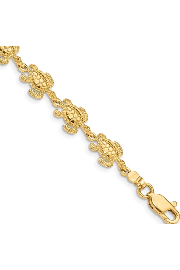 14K Yellow Gold Swimming Sea Turtle 7.25 inch Bracelet