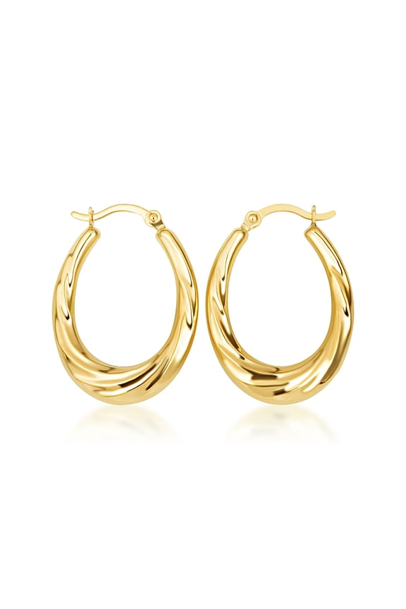14K Yellow Gold Swirl Oval Hoop Earrings