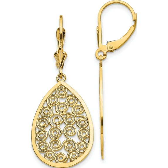 14K Yellow Gold Teardrop Filigree Dangle Leverback Earrings (41 X 16) Made In United States k1394