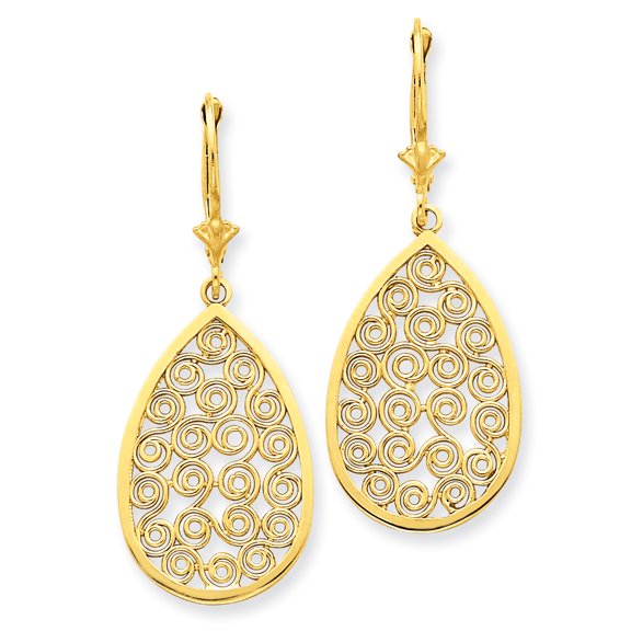 14K Yellow Gold Teardrop Filigree Dangle Leverback Earrings