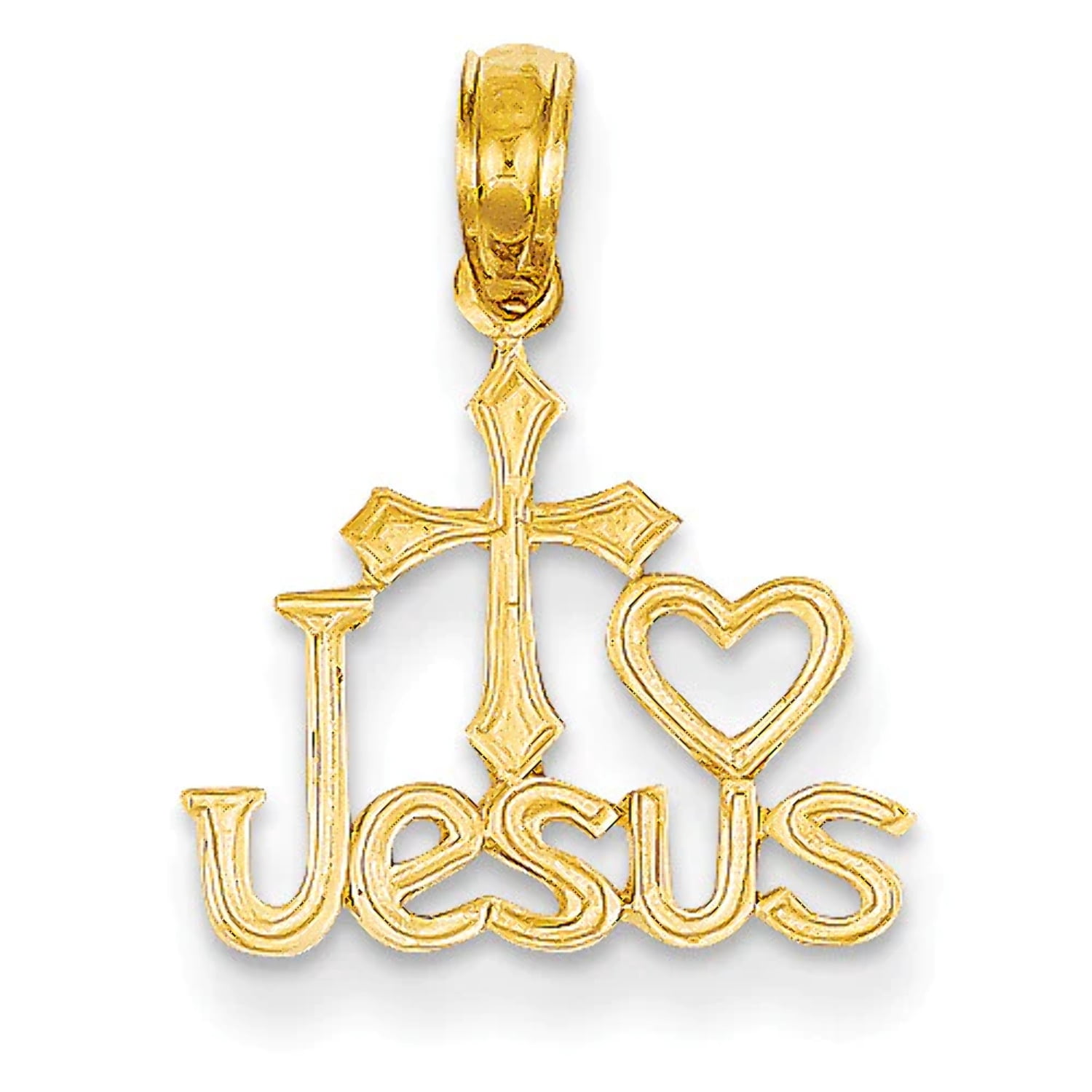 Heart Jesus Script 14K Yellow Gold Texture Polished JESUS Script with Cross Heart Pendant ...