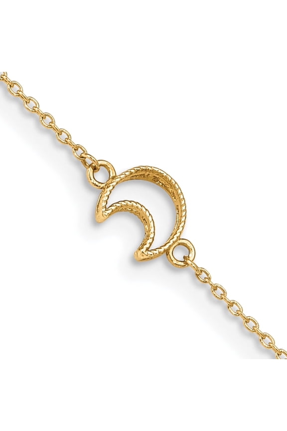14K Yellow Gold Textured and Polished Crescent Moon 9 inch Plus 1 inch Extender - Total 10 inch Anklet