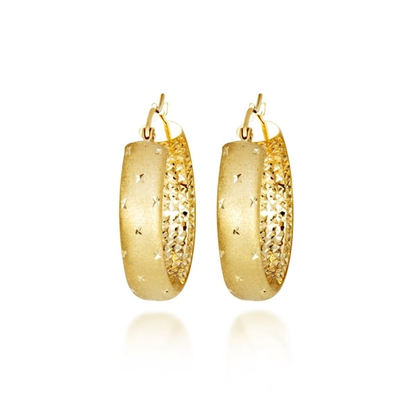 14K Yellow Gold Textured Cut Satin Finish Hoop Earrings (6mm X 20mm)