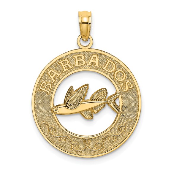 14K Yellow Gold Textured Polished Finish BARBADOS with Flying Fish in Circle Design Charm Pendant