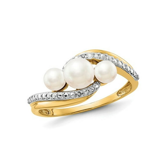 14K Yellow Gold Three Stone Freshwater Cultured White Pearl Ring with Accent Diamonds
