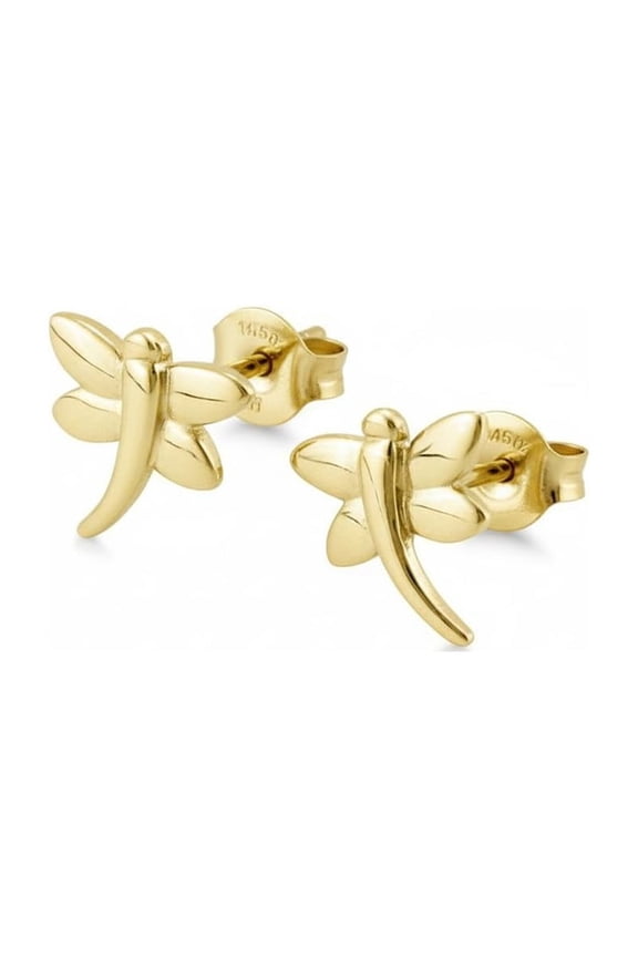14K Solid Gold Tiny Dragonfly Stud Earrings - 0.23in