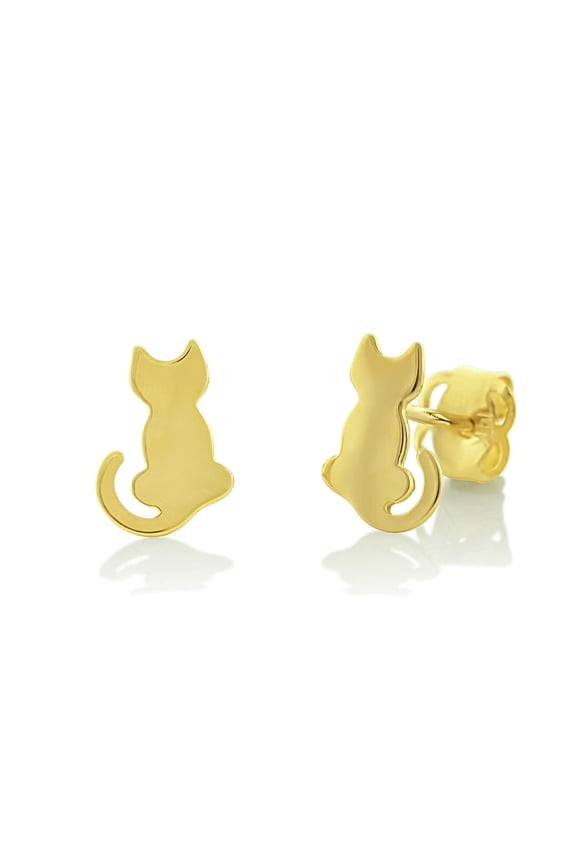 14K Solid Gold Tiny Kitty Cat Stud Earrings - 0.25in