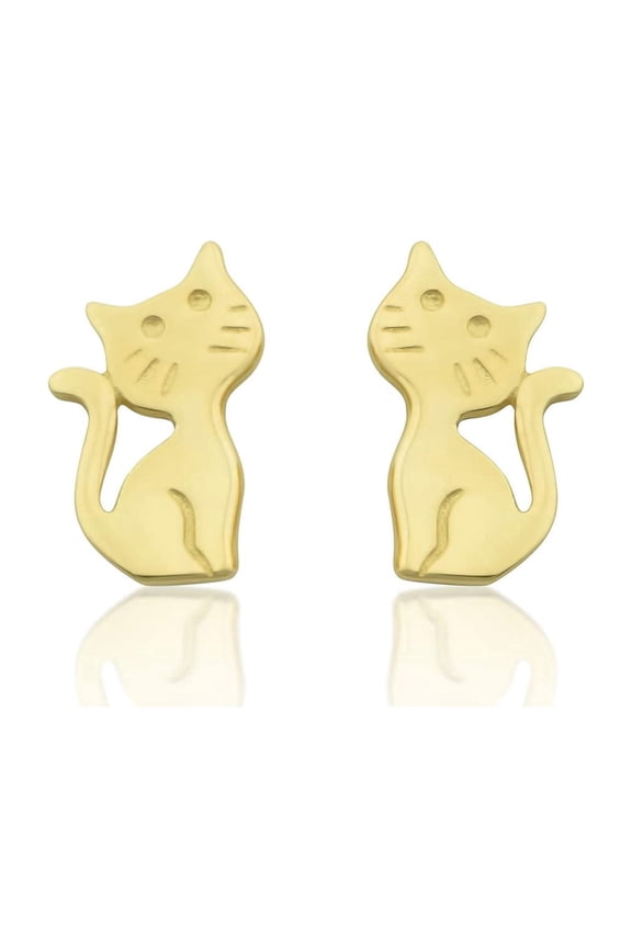14K Solid Gold Tiny Kitty Cat Stud Earrings
