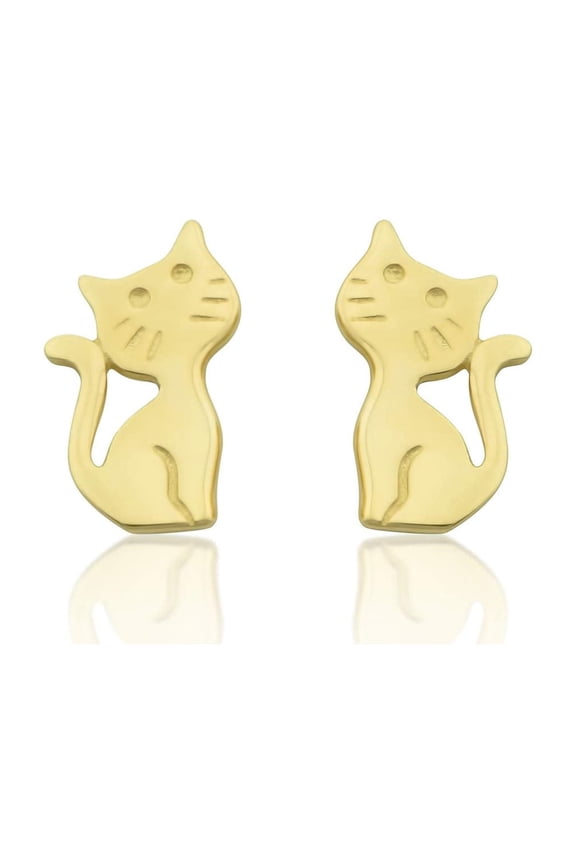 14K Solid Gold Tiny Kitty Cat Stud Earrings - 0.27in