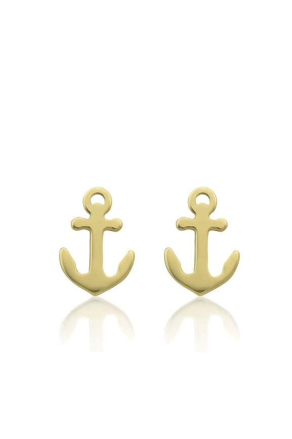 14K Solid Gold Tiny Nautical Anchor Stud Earrings - 0.23in