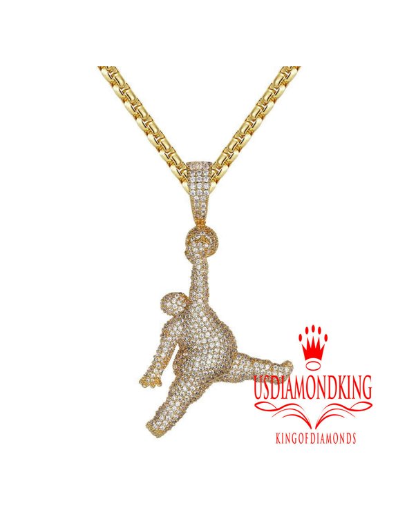 14K Yellow Gold Tone Men Basketball Player Jump Man Sports Pendant Charm Chain