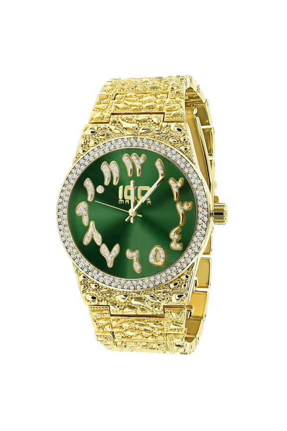 14K Yellow Gold Tone Nugget Style Mens Watch Arabic Numeral Dial Green Face Simulated Diamond