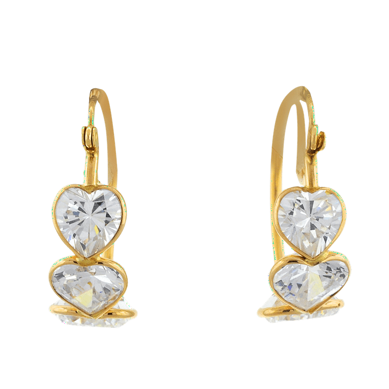 14K Yellow Gold Triple Heart CZ Hoop Earrings