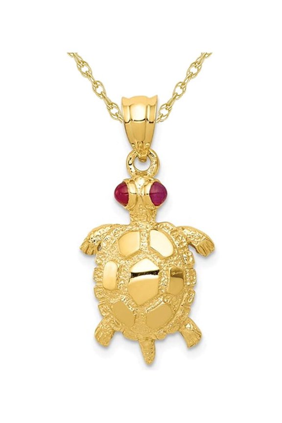 14K Yellow Gold Turtle Charm Pendant Necklace with Chain and Ruby Eyes