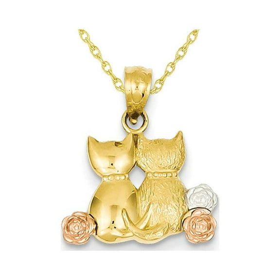 Gem & Harmony 14K Yellow Gold Two Cats Pendant Necklace with Chain for Women