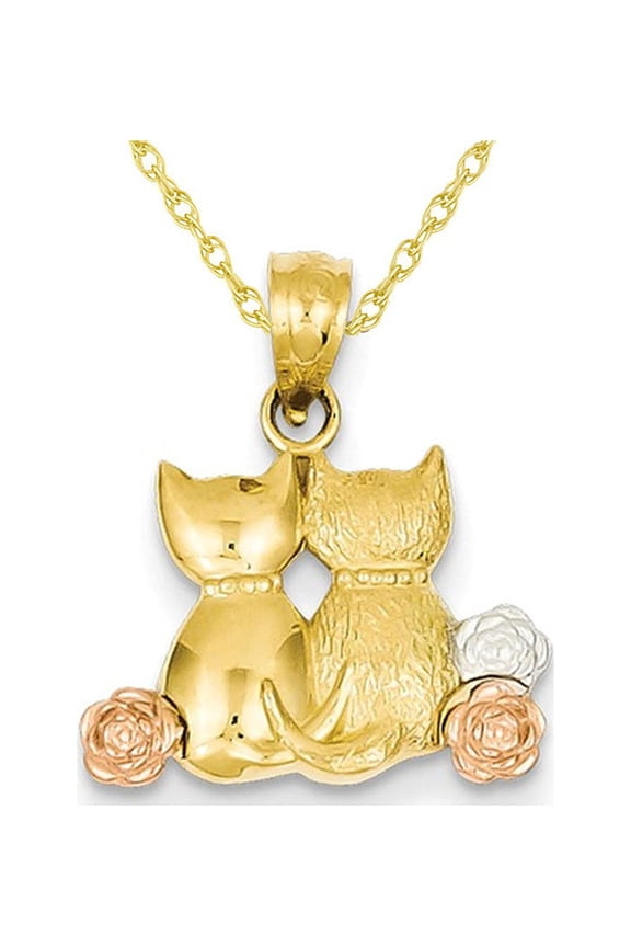 Gem & Harmony 14K Yellow Gold Two Cats Pendant Necklace with Chain for Women