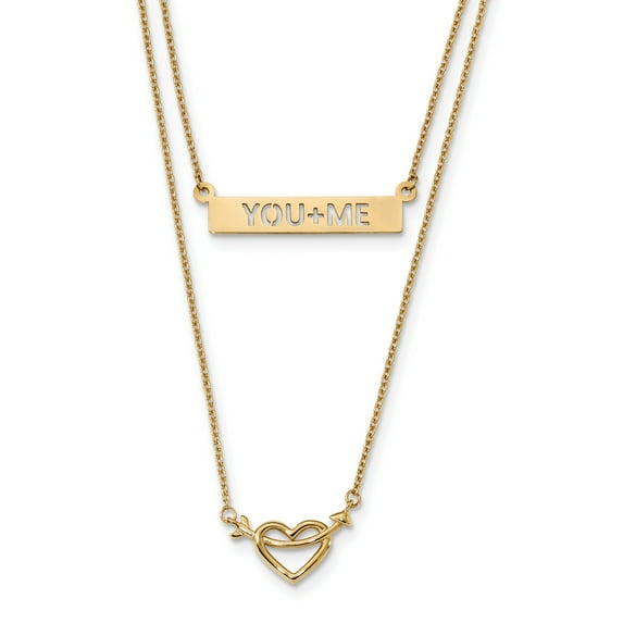 14K Yellow Gold Two-Strand Polished Heart & You+Me Bar Necklace (17 X 0.8) Made In Turkey sf2543-17
