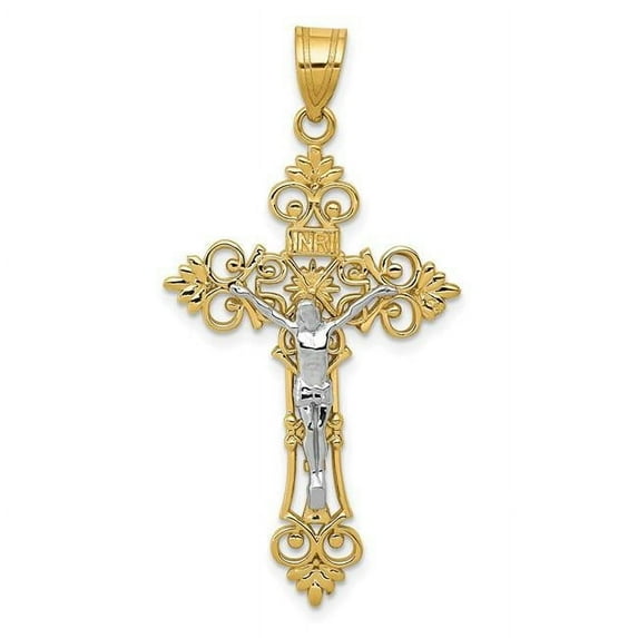 14K Yellow Gold Two-Tone Large Lacy-Edge Inri Crucifix Pendant