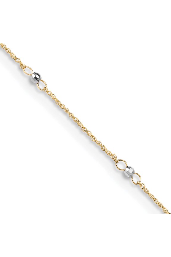 14K Yellow Gold Two-Tone Ropa Mirror Bead 9In Plus 1In Ext. Anklet Made In Indonesia ank265-9