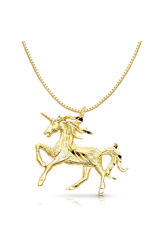 14K Yellow Gold Unicorn Charm Pendant with 0.8mm Box Chain Necklace - 16"