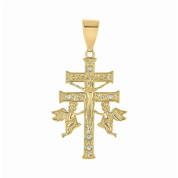 14K Yellow Gold Unisex Cubic-Zirconia Caravaca Cross Religious Pendant