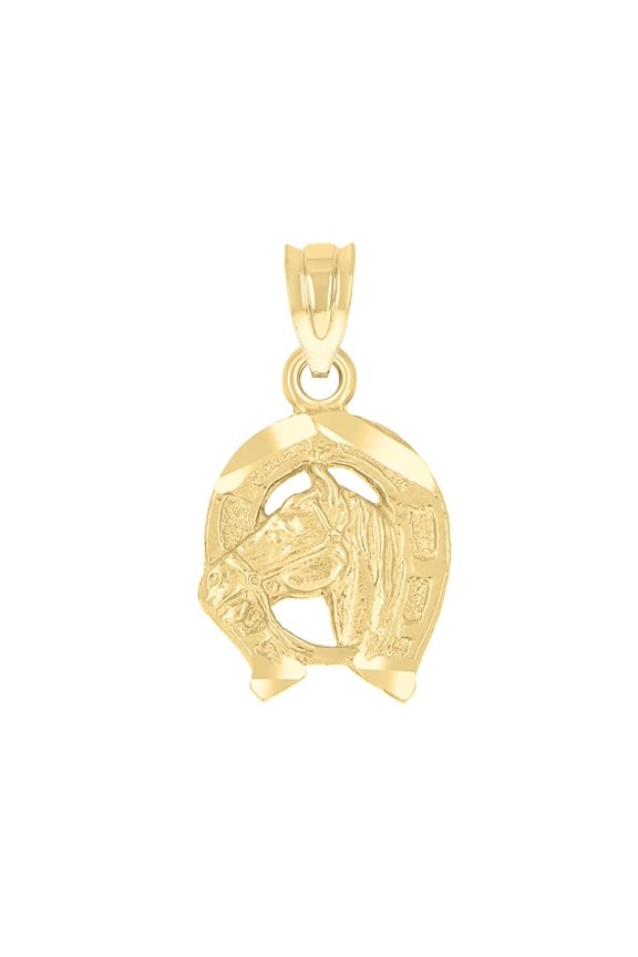 14K Yellow Gold Unisex Diamond-Cut Horse Shoe Animal Ht:18.7Mm Good Luck Pendant Charm