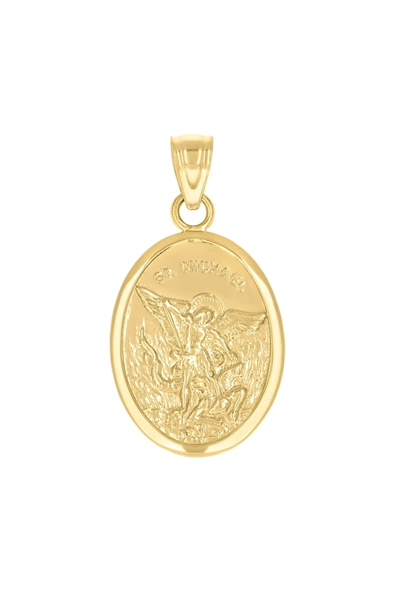 14K Yellow Gold Unisex Oval Medallion St. Michael Religious Pendant