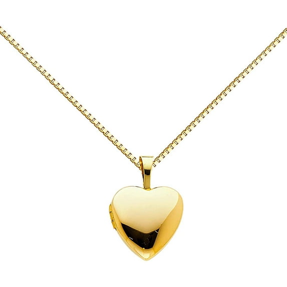 14K Yellow Gold Valentine Polished Love Heart Locket Pendant with 0.8mm Yellow Box Chain Necklace (Length - 20 IN)