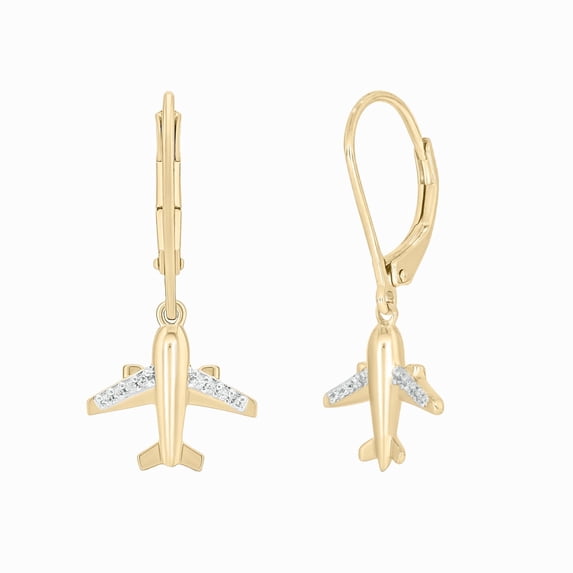 14K Yellow Gold Vermeil Diamond Airplane Dangle Earrings for Women, 1/20 Ct
