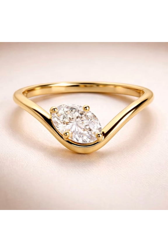 14K Yellow Gold Vermeil Oval Solitaire Chevron Ring for Women | Minimalist Wishbone Stacking Ring