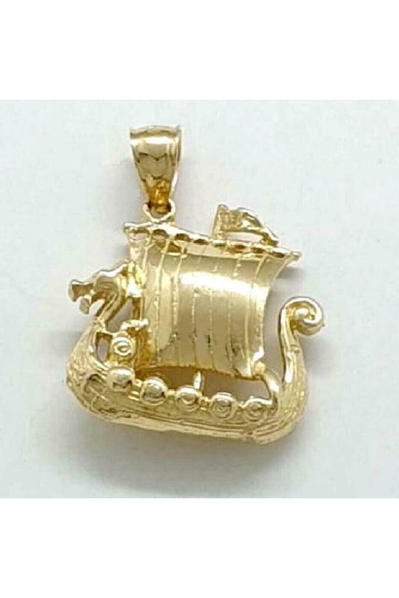 14K Yellow Gold Viking Pirate Ship 3D Pendant