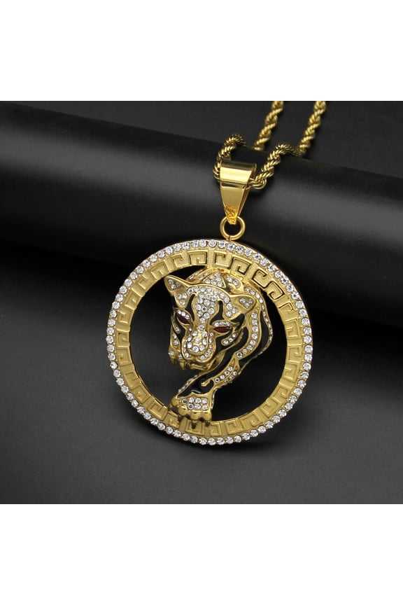 14K Yellow Gold Vintage Leopard Head Fire Hip Hop Pendant Collar Chains Necklace for Men Women Gift Jewelry
