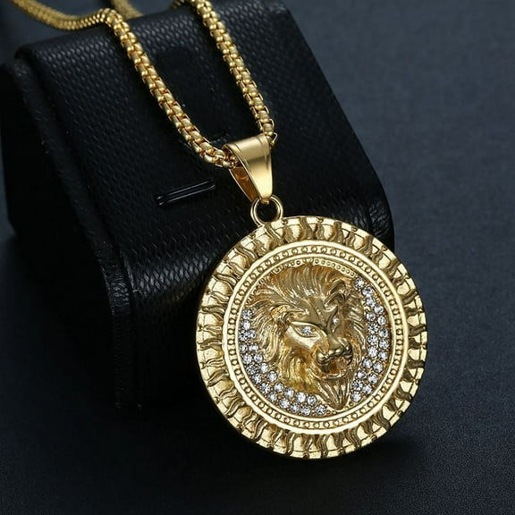 14K Yellow Gold Vintage Round Lions Head Fire Hip Hop Pendant Collar Chains Necklace for Men Women Gift Jewelry