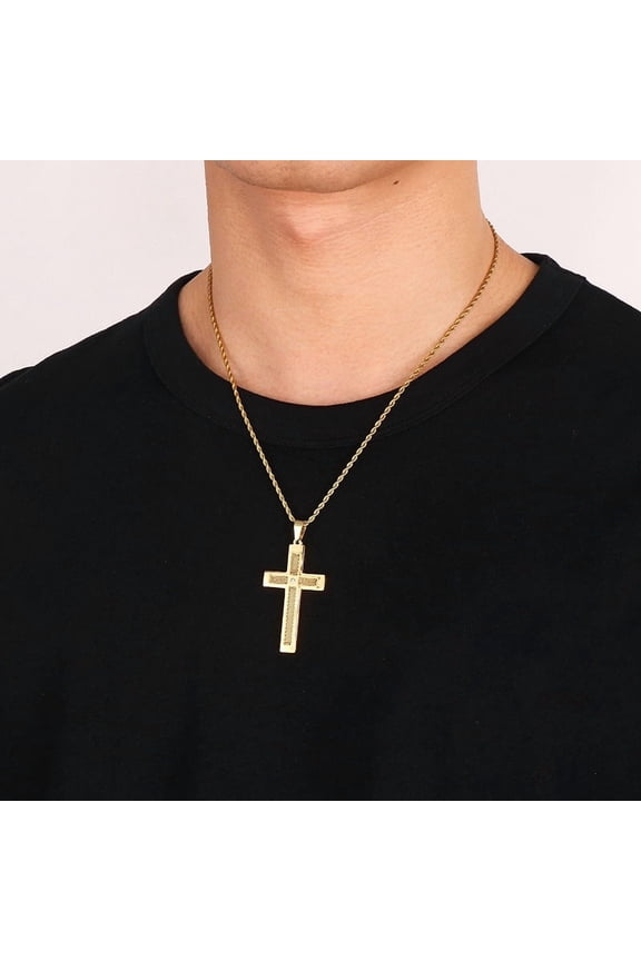 14K Yellow Gold Vintage Style Brainding Rope Pattern Cross Necklace for Man Woman Catholic Daily Jewelry