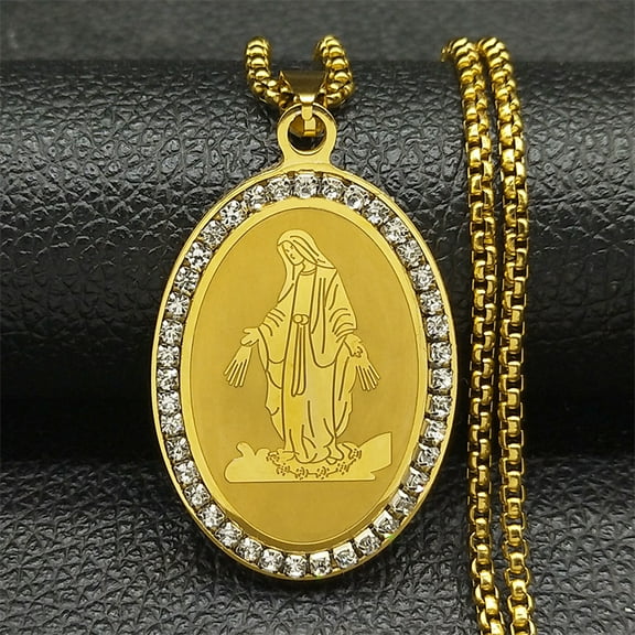 14K Yellow Gold Virgin Mary Oval Long Statement Necklace Women Golden Color Geometry Necklace Jewelry