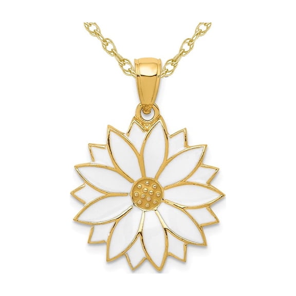 14K Yellow Gold White Enameled Daisy Flower Charm Pendant Necklace with Chain for Women
