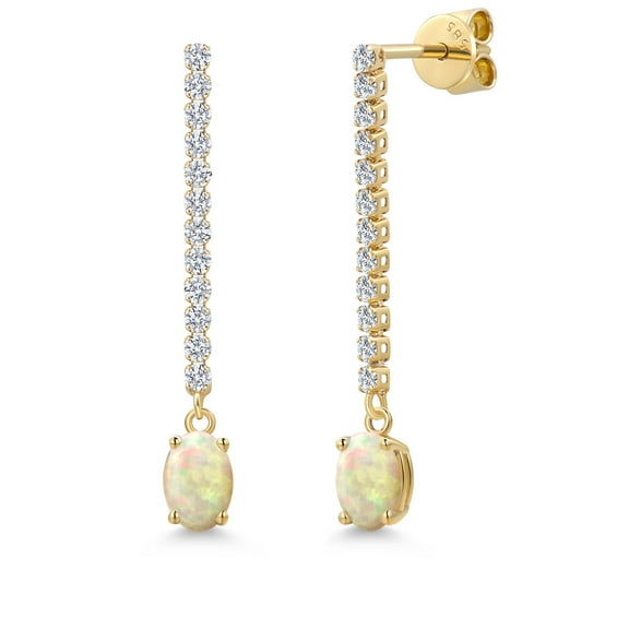 14K Yellow Gold White Ethiopian Opal and White Lab Grown Diamond Long Liner Dangle Earrings for Women | 1.00 Cttw | Gemstone October Birthstone | Oval Cabochon 6X4MM | White Gold Chain Drop Earrings