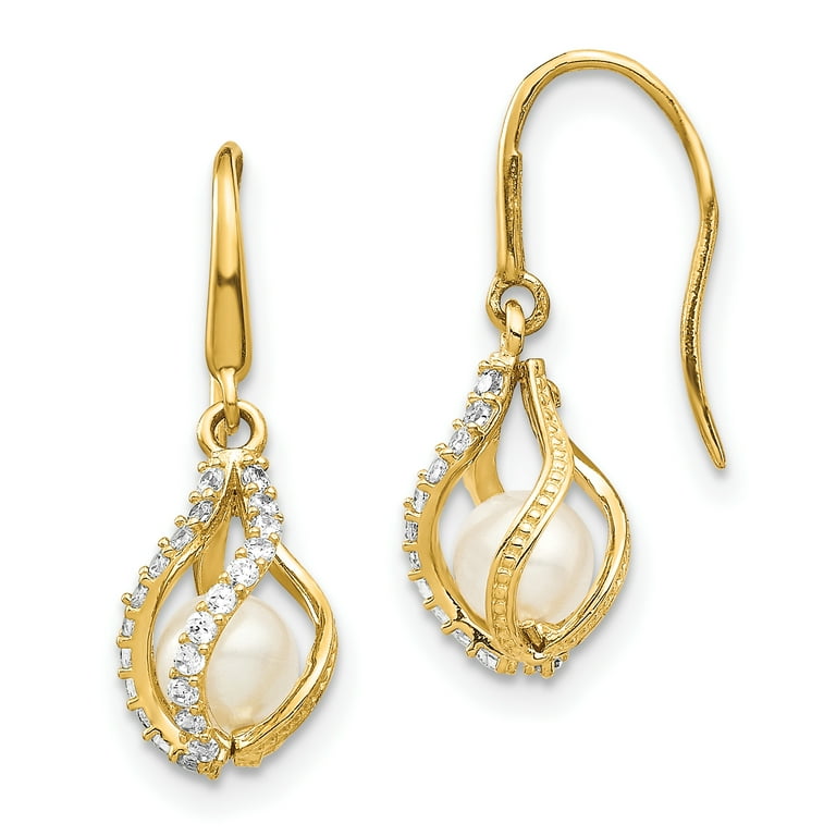 14K Yellow Gold White Freshwater Cultured Pearl Cubic Zirconia