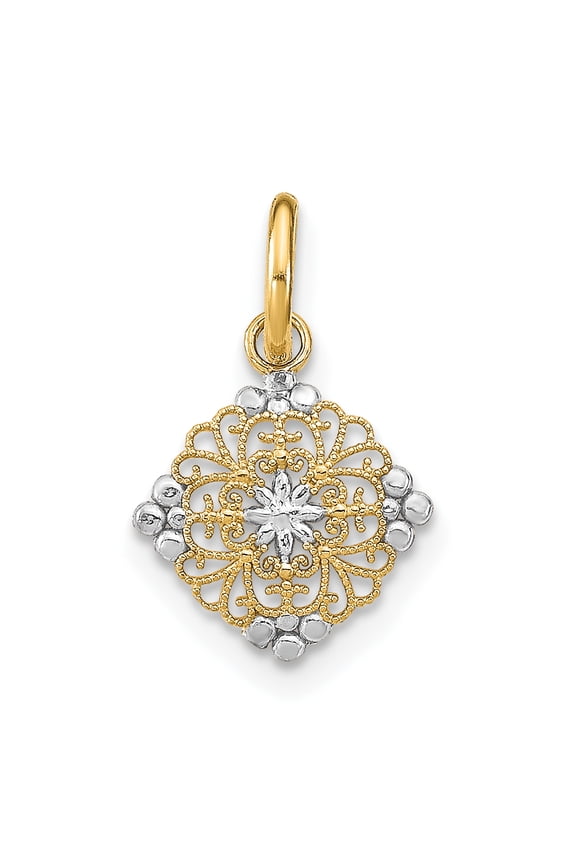 14K Yellow Gold, White Rhodium Polished Finish Mini Filigree Beaded Design Medallion Pendant