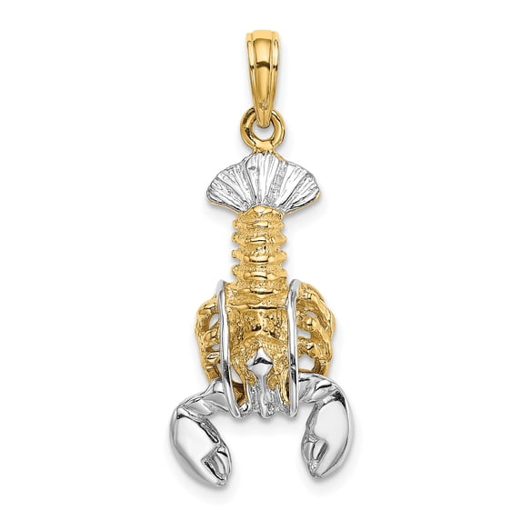 14K Yellow Gold White Rhodium Polished Textured Finish Moveable Lobster Charm Pendant